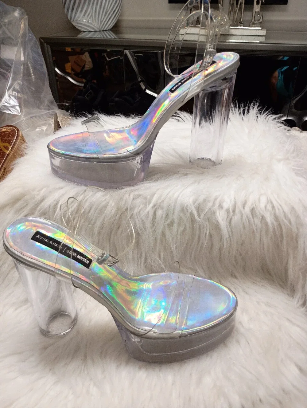 New Steve Madden Jessica Rich Iridescent Clear Platform Heels - Holographic 9.5M